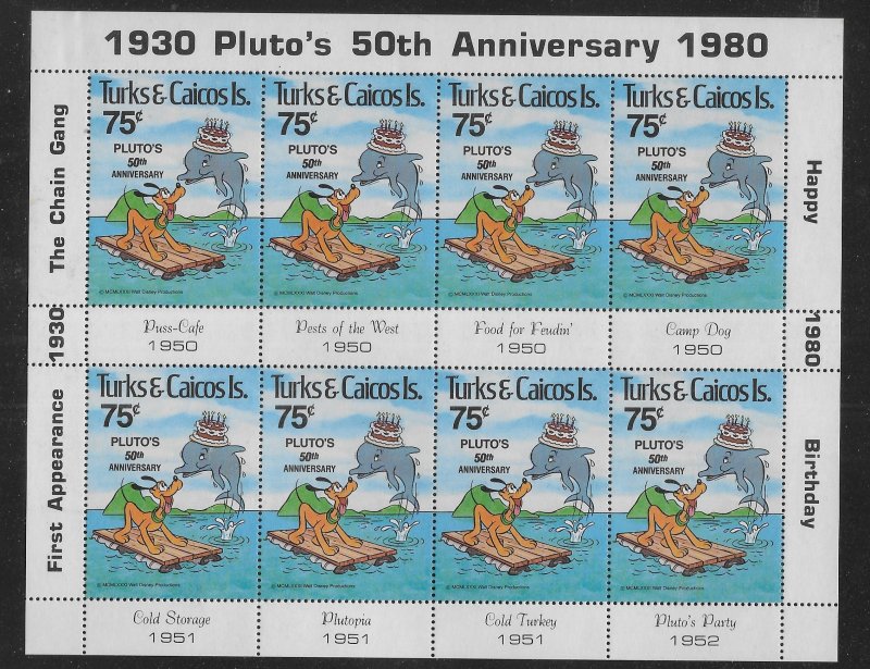 Turks and Caicos Islands 469 Disney 50th Pluto mini-sheet MNH c.v. $12.00 (fr)