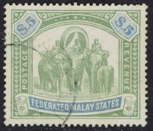 FEDERATED MALAY STATES 1904 ELEPHANTS $5 WMK MULTI CROWN CA USED