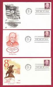 1971 8c Dwight D. Eisenhower #1402, 3 FDCs, Various