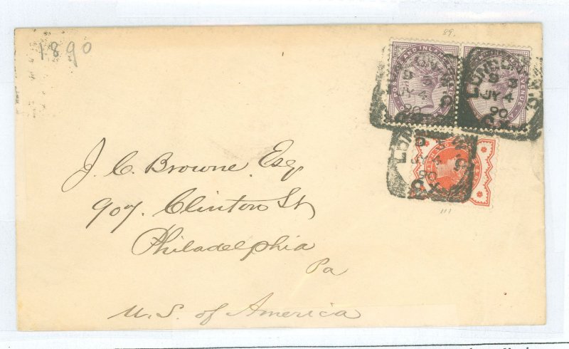 Great Britain 89/107 Tied to cover from London to Philadelphia 7/4/1890. Backstamped received 7/13 Phila