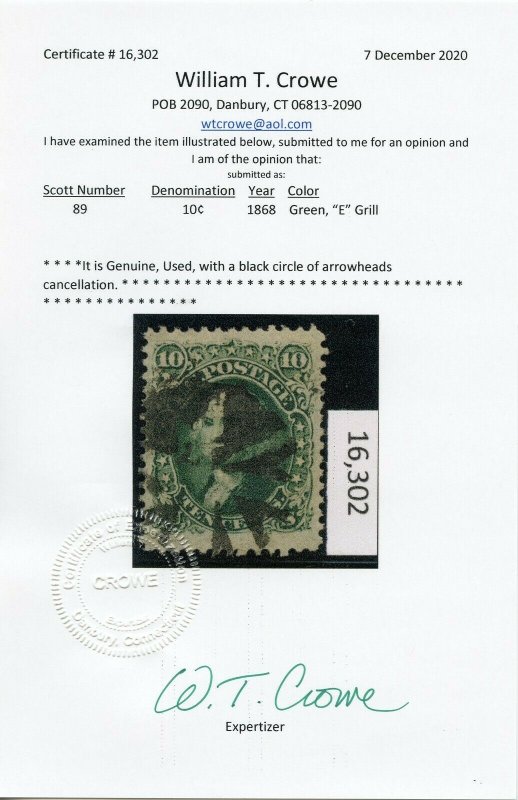 US SCOTT #89 GP Used-VF-XF Nice! W/ Crowe Cert (GARY 12/19/20) 