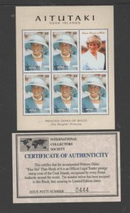 AITUTAKI #522 1998 PRINCESS DIANA MINT VF NH O.G SHEET 5 + LABEL W/CERT.