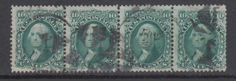 US Sc 68 used 1861 10c green Washington, horiz strip of 4