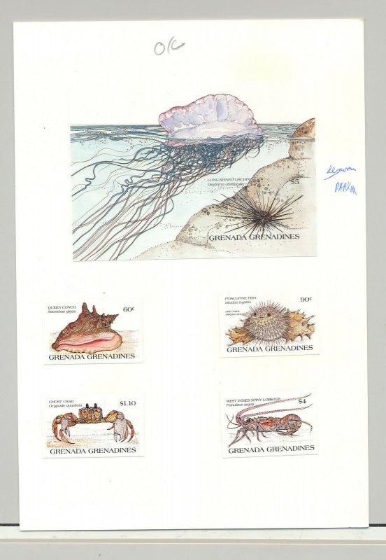 Grenada (Grenadines) #694-698 Fish, Shells 4v & 1v S/S Imperf Proofs on Card