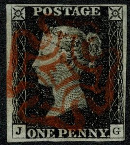 GB 1d Black. Plate 1b JG. Four margins cancelled by complete red Maltese Cross