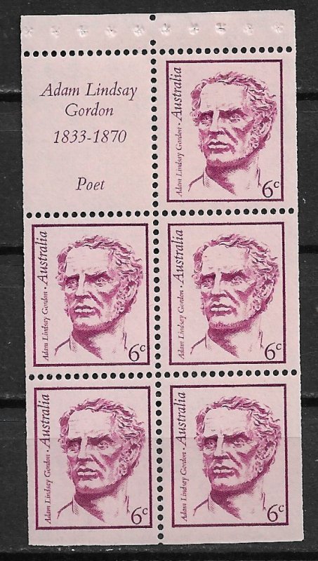 1970 Australia 456a Poet  Adam Lindsay Gordon MNH booklet pane of 5