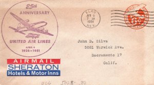 25th ANNIVERSARY OF UNITED AIRLINES 1926 - 1951 CACHET COVER ELKO NEVADA