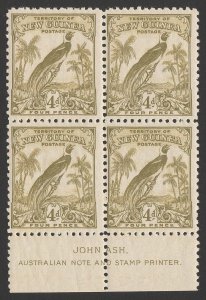 NEW GUINEA 1932 Undated Bird 4d block with imprint. MNH **.