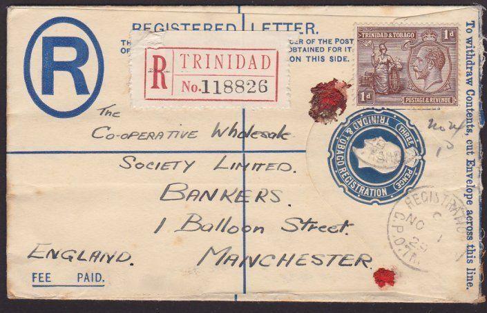 TRINIDAD 1929 GV 3d registered envelope used to UK.........................67594