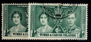 TURKS & CAICOS ISLANDS GVI SG191 + 191a, ½d SHADE VARIETIES, FINE USED. Cat £40.