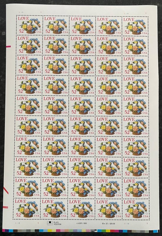 MALACK 2815 VF OG NH, 52c Love: Doves and Roses Shee..MORE.. sheet2815