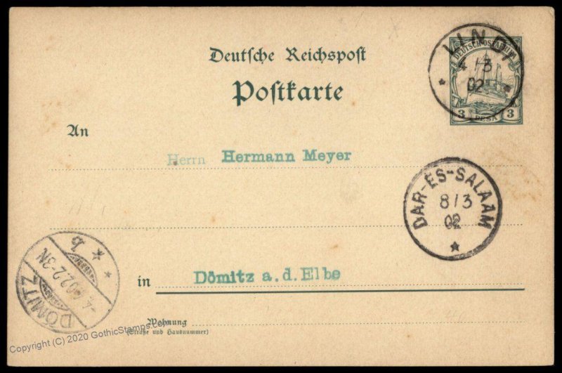 Germany 1902 East Africa DOA 3P GS Postal Card Stamp Cover G77748