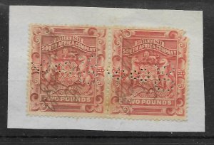 RHODESIA SG11 1892 £2 ROSE-RED PAIR FISCALLY USED ON PIECE