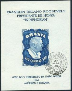 Brazil C76a Wmk , Cto 1. Day.mi Bl.10Z.President Franklin Delano Roosevelt, 1949