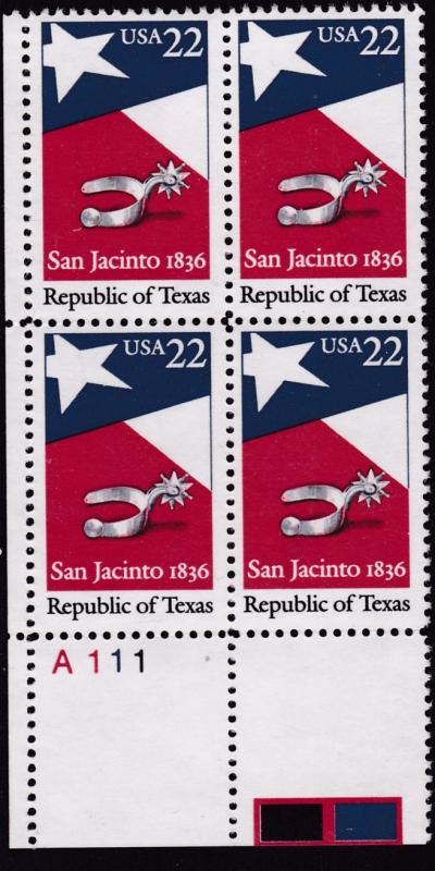 U.S. 1986 Republic of Texas Plate Number Block VF/NH