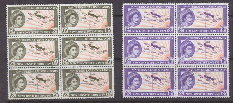 TURKS & CAICOS ISLANDS , 1959 Constitution pair, blocks of 6, used.