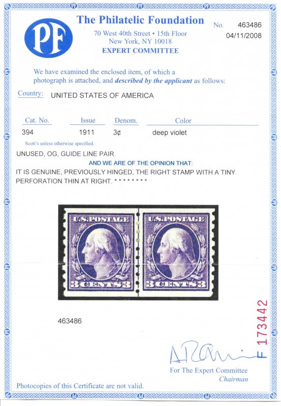 394 Unused 3c. Washington, JL Pair, XF/S, XF-S, PF Cert. Free Insured Shipping