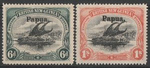 PAPUA 1906 Large Papua overprinted Lakatoi BNG 6d & 1/- wmk horizontal.