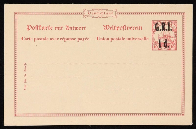 SAMOA 1914 GRI 1d on Yacht 10pf+10pf double reply Post card. Mi P4 cat €250. 