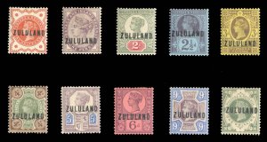 Zululand #1-10 Cat$643.75, 1888-93 1/2p-1sh, ten values, hinged, 1sh with som...