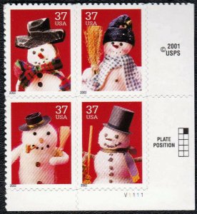 2002 Christmas Snowman Plate Block Of 4 37c Postage Stamps - Sc# 3676-3679 - ...