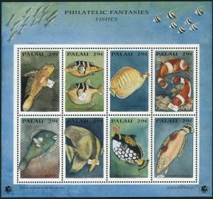 Palau 334-336 sheets,MNH. PHILAKOREA-1994,Birds,Fish,Turtle,Crocodile,Dolphin,