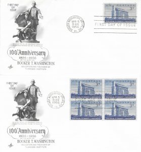 1956 FDC, #1074, 3c Booker T. Washington, Art Craft, single/block of 4