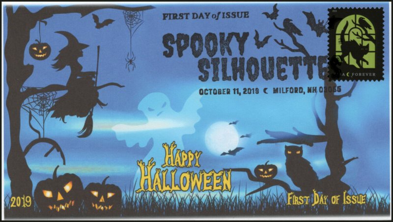 19-258, 2019, Spooky Silhouettes, Pictorial Postmark, First Day Cover, Yellow