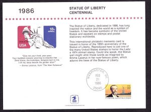 US SC110 Statue of Liberty Centennial Souvenir Card with show cancel