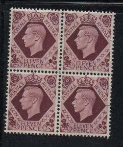 Great Britain Sc 266 1947 11d G VI block of 4 stamp mint