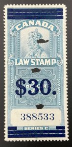 CANADA REVENUE #FSC19, $30 on $1, 1935 KGV LAW STAMP. VF, Used.