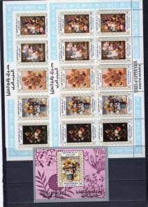 ADEN UPPER YAFA 1967 PAINTINGS/FLOWERS 2 SHEETS OF 10 STAMPS & S/S  MNH