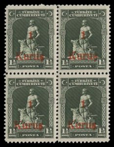 Turkey #727, 1931 1k on 1 1/2k olive black, block of four, never hinged