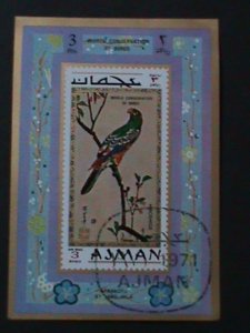 ​AJMAN-WORLD CONSERVATION OF BIRDS-BY HIROSHIGE-CTO-IMPERF-S/S-FANCY CANCEL