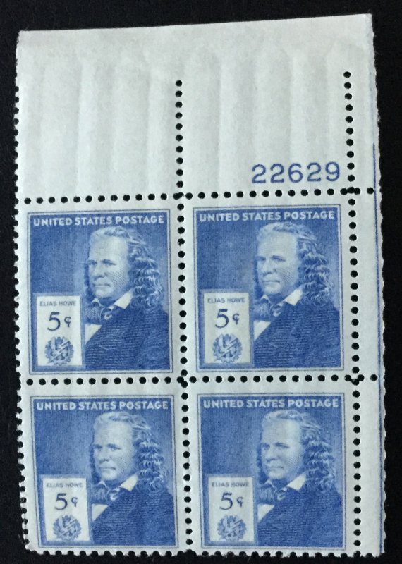 US #892 MNH UR Plate Block of 4 Elias Howe SCV $11.00