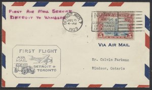 1929 AAMC #2945o July 15 Detroit Mich to Windsor Ont Flight Roessler Envelope