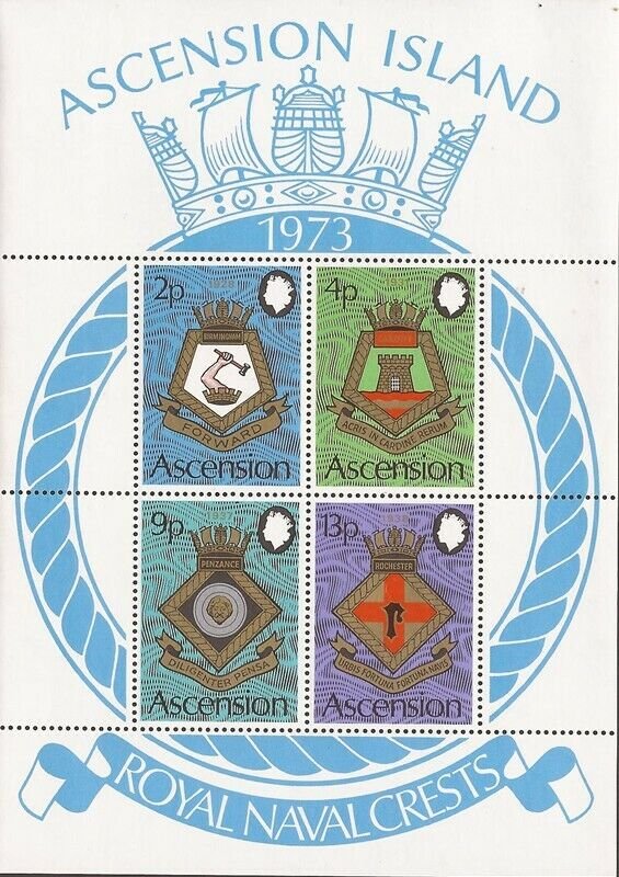 Ascension - 1973 Royal Naval Ships Coats of Arms - 4 Stamp Sheet - Scott #159a