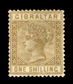 Gibraltar #20 Cat$275, 1886 1sh bister, hinge remnant, handstamp guarantee on...