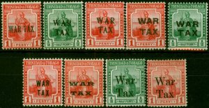 Trinidad & Tobago 1917-18 War Tax Set of 9 SG176-178, 182, 183, 185 & 186-188...
