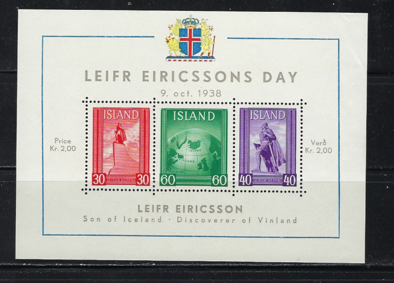 Iceland B6 MNH 1938 Leif Ericsson Souvenir Sheet