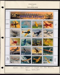 1997 Sc 3142 Classic American Aircraft mint sheet signed by artist Bill Phillips