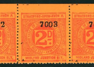 GB S&MJR RAILWAY Letter Stamp 2d Red/Yellow (1910) STRATFORD Strip{3} MNH RSB103
