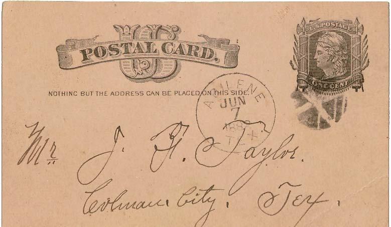 United States Texas Abilene 1882 negative x  Postal Card.