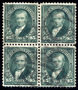 US 278 $5 1895 John Marshall watermarked F-VF used block of 4