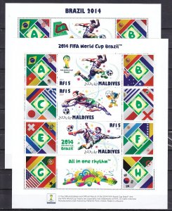 Maldives, 2014 issue. Brazil Soccer/Football on 2 sheets of 4.
