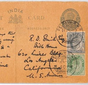 INDIA KGV Stationery Card MIXED REIGNS KEVII *Belgaum* 1913 USA PHILOSOPHY PJ301