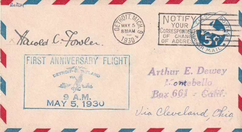 1930, 1st Anniv. Flt., Detroit, MI, Signed by Pilot Harold Fowler (41292)