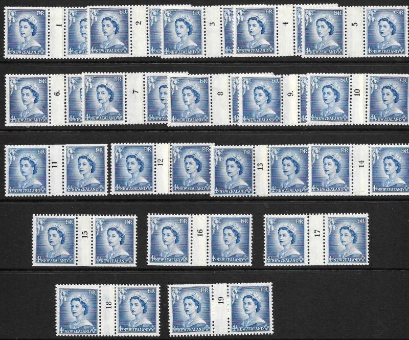 NEW ZEALAND 1956  4d  QEII COIL  SET 19  MLH  CP NC3d 