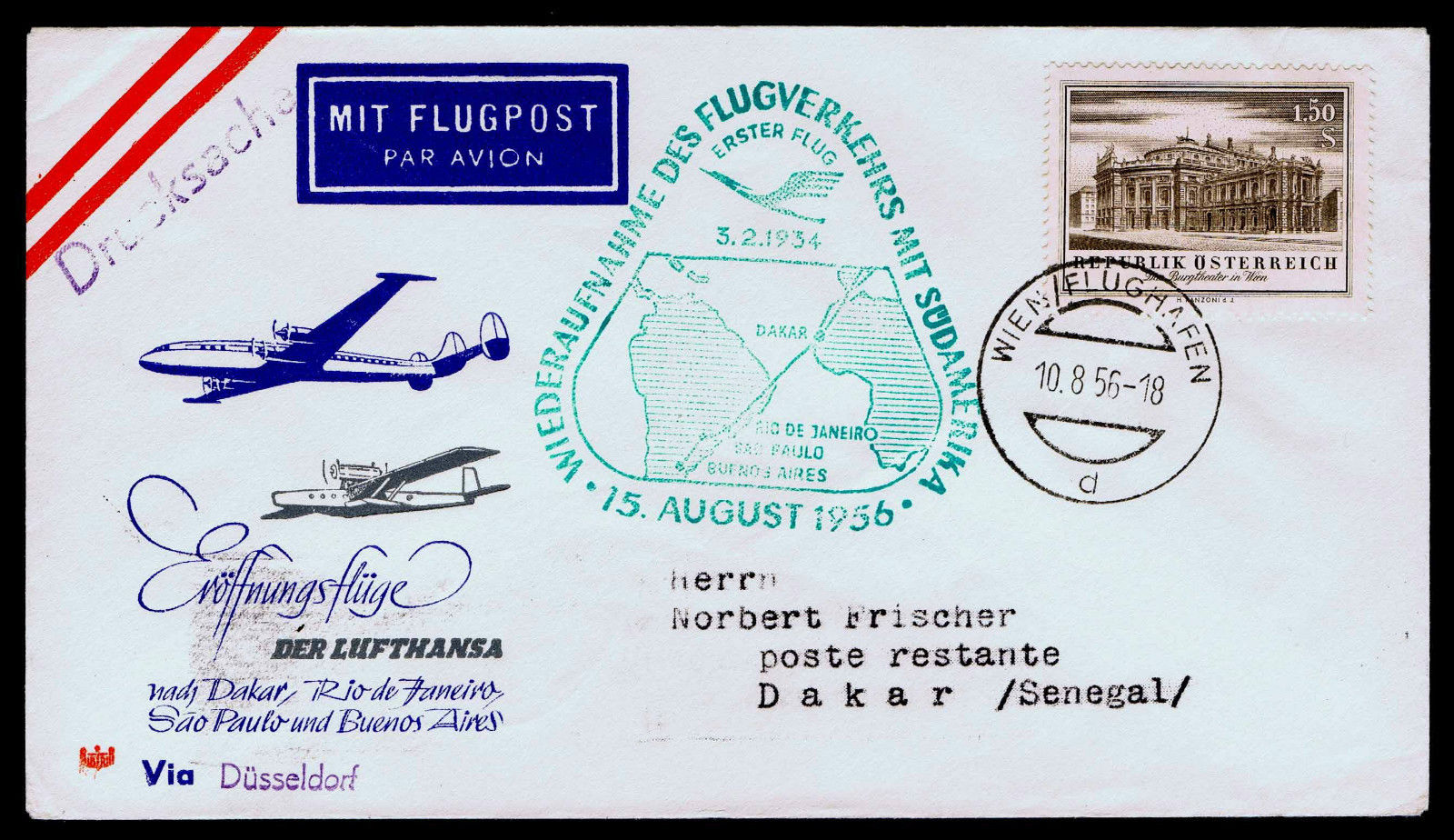 1956 Lufthansa Austria Airmail First Flight Cover Dakar Rio Buenos Aires Esp9 Hipstamp