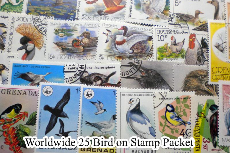 WORLDWIDE 25 BIRD ON STAMP LOT. TOP GRADE. # WWB - 6